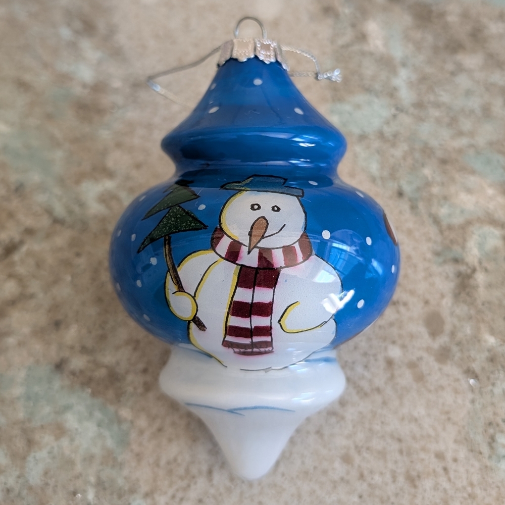CHRISTMAS HOUSE Handpainted Glass Blown Ornament Snowman Winter Snow scene